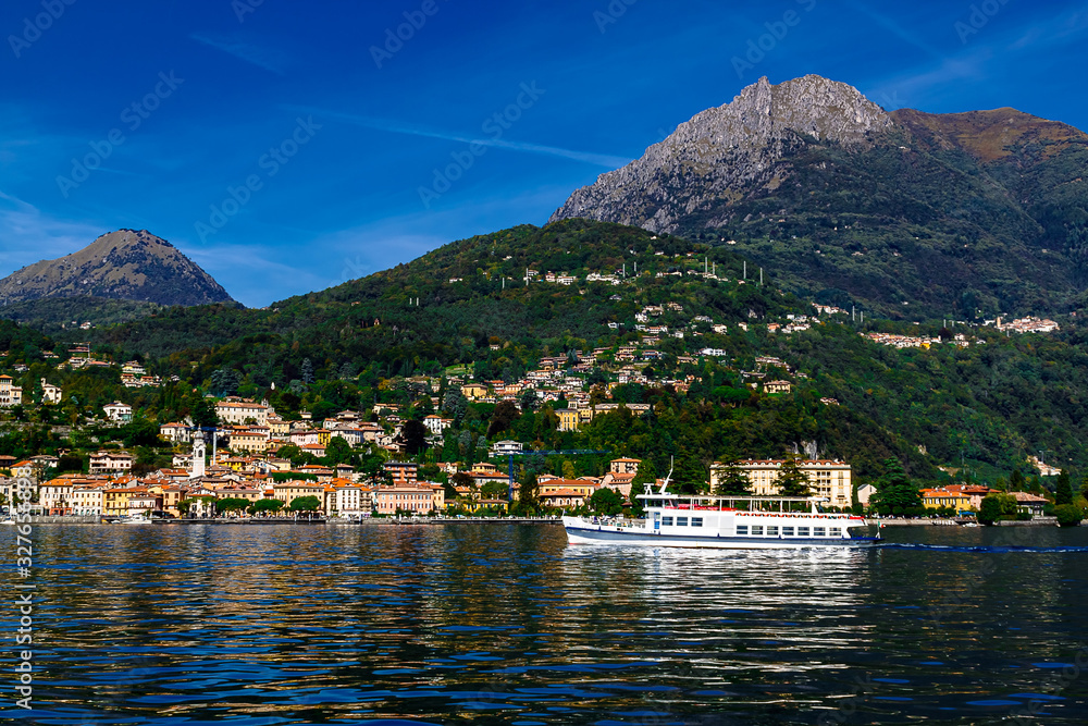 Pleasure ship on the background Menaggio, Lake Como, Italy