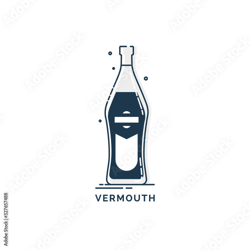 Bottle vermouth line art in flat style. Restaurant alcoholic illustration for celebration design. Design contour element. Beverage outline icon. Isolated on white background in graphic style
