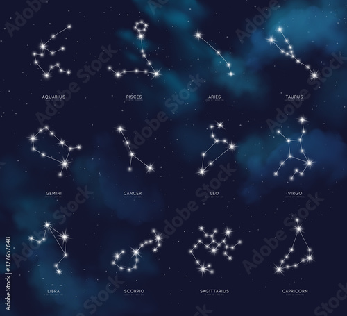 Zodiac constellations vector set on night sky background. Astrology signs, zodiacal calendar dates, star map. Mystic or esoteric symbols.