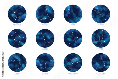 Zodiac constellations vector set on night sky circle backgrounds. Astrology signs, zodiacal calendar dates, star map. Mystic or esoteric symbols.