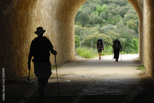 Peregrinos pasando un túnel de la autovía A-12 en dirección a la localidad navarra de Lorca, en el Camino de Santiago Francés photo