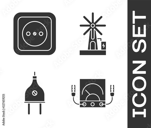 Set Ampere meter, multimeter, voltmeter, Electrical outlet, Electric plug and Wind turbine icon. Vector