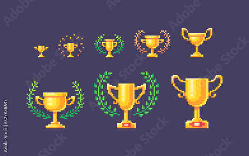 Pixel art set of winner cups.