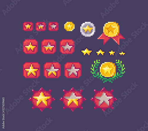 Pixel art set of star rating buttons different sizes.