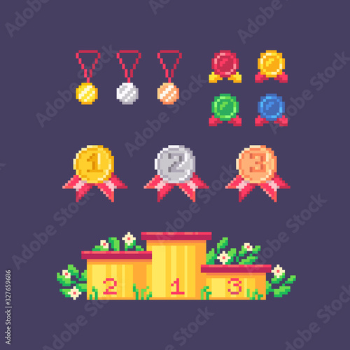 Pixel art winner set. Medals and winners podium.