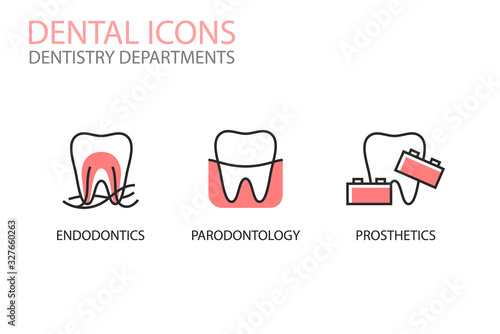 Dental icons. Endodontics, parodontology, prosthetics isolated on white. Dentistry departments illustrations. Tooth logotype. Teeth care.