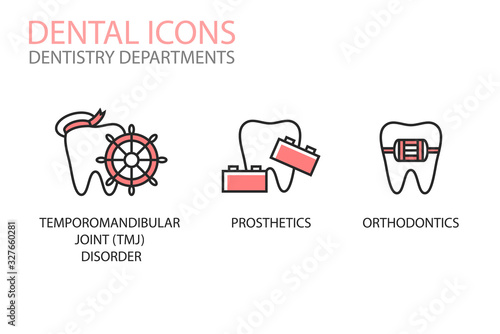 Dental icons. Temporomandibular joint (TMJ) disorder, prosthetics, orthodontics isolated on white. Dentistry departments  illustrations. Tooth logotype. Teeth care.