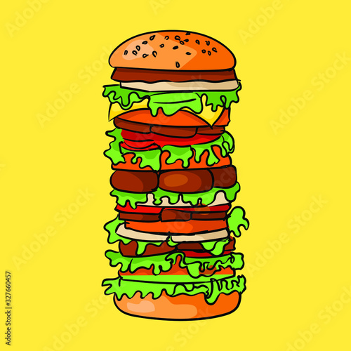 Colorful hand-drawn sketch of multi-layereed meat burger, green leaves, meat and cheese on a yellow background