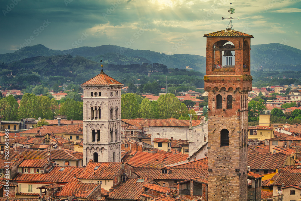 Panoramic view of Lucca, Italy including Torre Della Ore