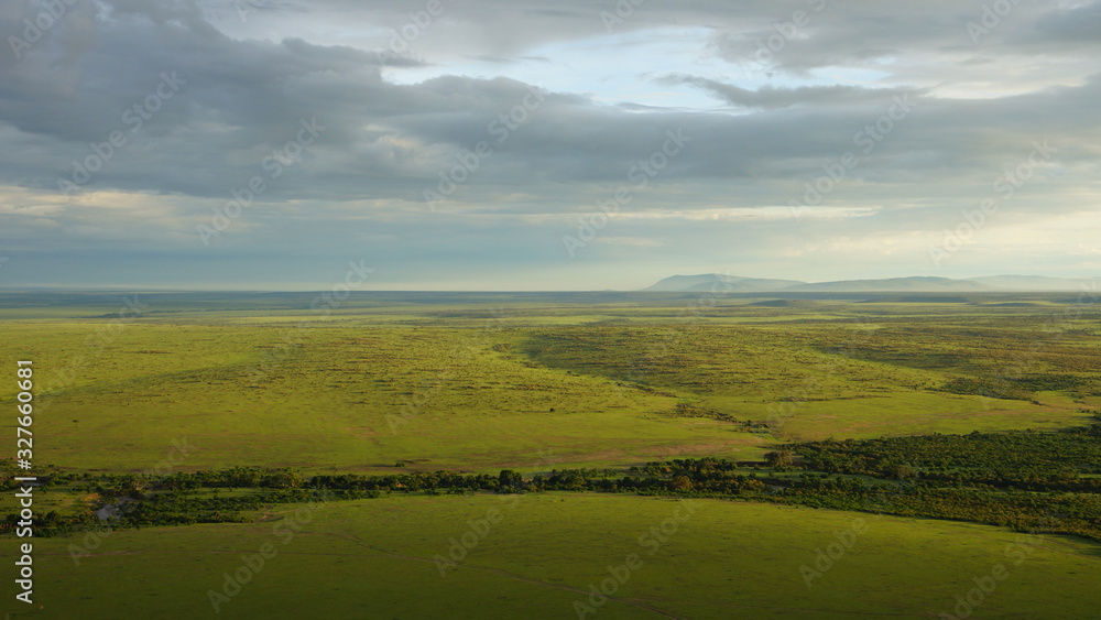 Aerial panoramic view to the African savanna landscape in Kenya, Africa.