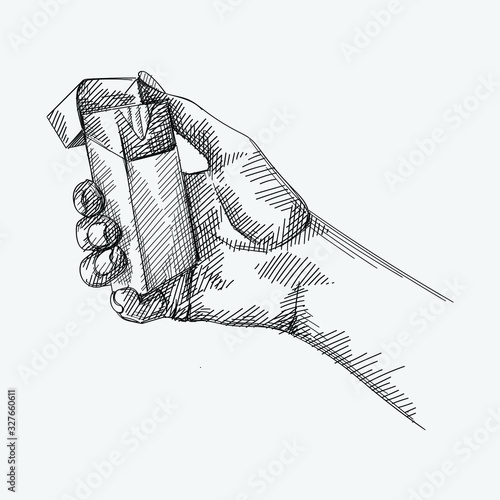 Hand-drawn sketch of a woman hand holding a cigarette pack on a white background. Female hands getting a cigarette out of the cigarette pack. 