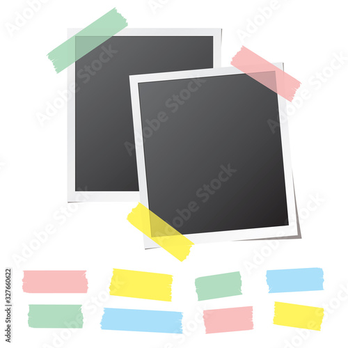 Retro photo cards fixed on white background and collection of colorful sticky tape pieces. Paper frame template with blank space for your image. Detailed vector eps10 illustration with transparency.