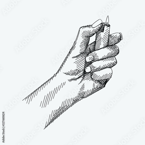 Hand-drawn sketch of a woman hand holding a cigarette lighter on a white background. Female hand  lighting a lighter.