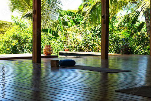 Open tropical yoga studio place with view outside to the beautiful garden with palm trees and ocean. photo