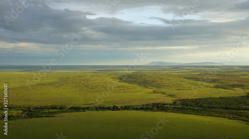 Aerial panoramic view to the African savanna landscape in Kenya, Africa.