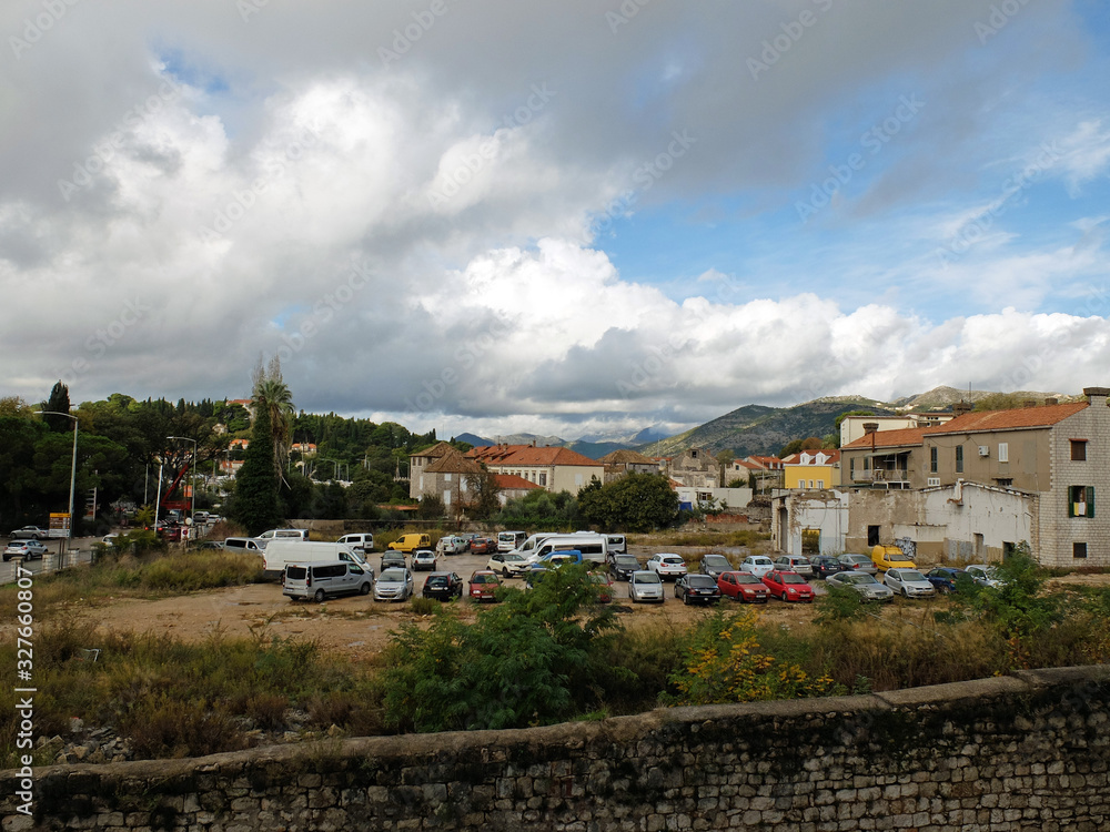 Dubrovnik, Croatia, Views of the car parking in cloudy weather.