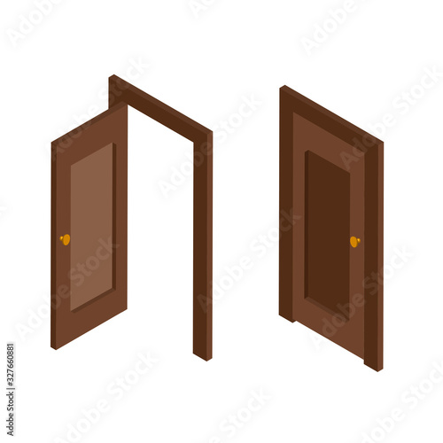 Isometric view open and closed brown entrance doors. Door iisometric con. Vector illustration isolated on white background.