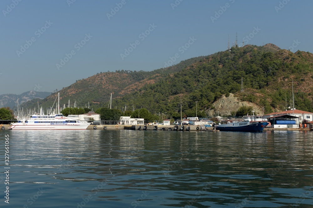 Sea vessels at the pier of the city of Marmaris. Turkey