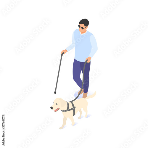 Blind man on a walk with a cane and a guide dog.