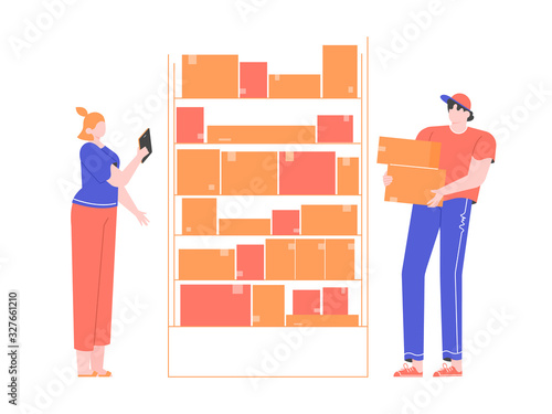 Colleagues in stock. Shelves with boxes. Girl forwarder and man courier. Parcel delivery. Online shopping. Vector flat illustration.