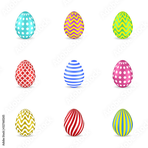 Set of isolated colorful easter eggs with geometric ornaments on a white background.