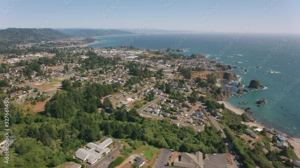 Oregon Coast circa-2019. Aerial view of Brookings, Oregon. Shot from helicopter with cineflex gimal and RED 8K camera. Oregon Coast circa-2019. Aerial view of Brookings, Oregon. Shot from helicopter with cineflex gimal and RED 8K camera.