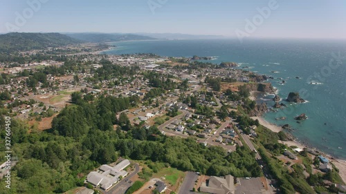 Oregon Coast circa-2019.  Aerial view of Brookings, Oregon.  Shot from helicopter with cineflex gimal and RED 8K camera. photo