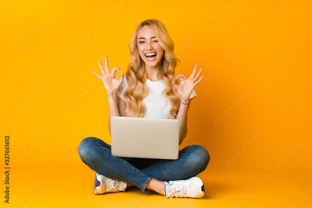 Everything is ok. Happy woman showing okay sign with laptop Everything is ok. Happy woman showing okay sign with laptop