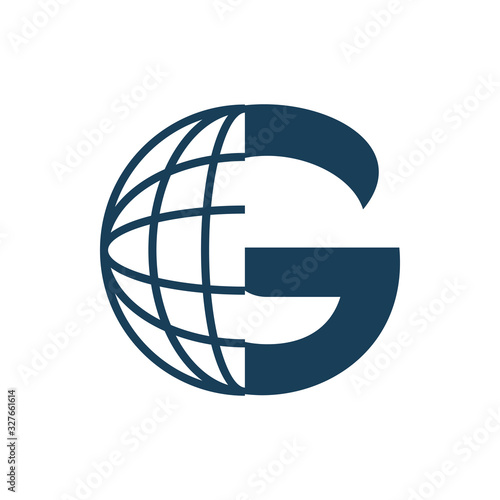 blue circle earth global wireframe blue line letter g logo design