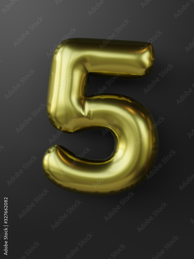Golden balloon in shape of number 5 isolated. 3d illustration. Golden balloon in shape of number 5 isolated. 3d illustration.