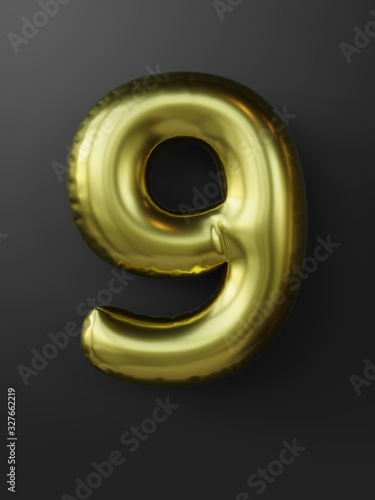 Golden balloon in shape of number 9 isolated. 3d illustration.