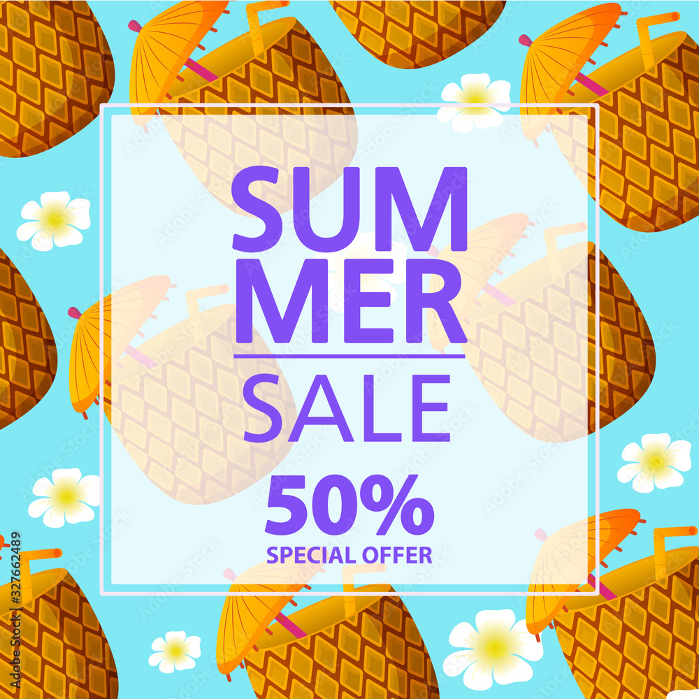 Summer sale banner.Offers a 50% discount.Pineapple tropical fruit pattern.Flat vector illustration.