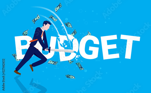 Budget cut. Man cutting the word budget with a sword. Money flying around, and blue background. Vector illustration.
