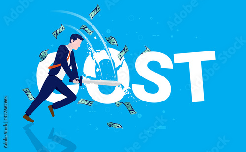 Cut cost - Man cutting the word cost with a sword. Money flying around. Cheaper prices, personal finance and discount concept. Vector illustration.