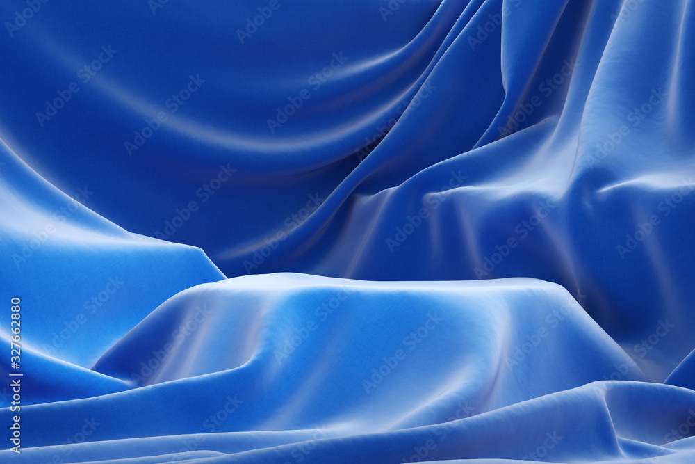 Interior hidden under satin veil. Empty podium covered with blue cloth. 3d illustration 