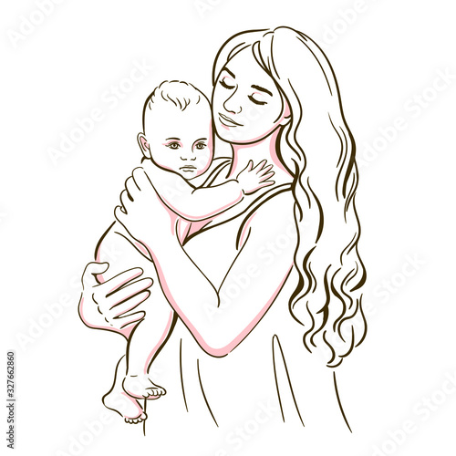 Mom and child. Realistic silhouette. Sketch. Mother hugs baby. The concept of love, motherhood, health, childbearing, happy childhood.  Breast-feeding.  Illustration. Template. Emblems and labels, for