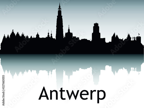 Vector Illustration of the Panoramic Silhouette Skyline of Antwerp Belgium