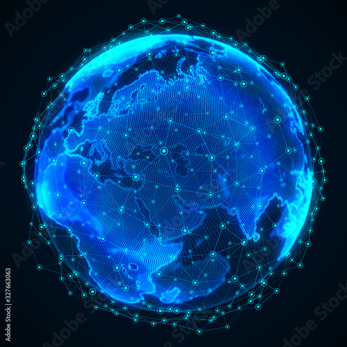 World wide web. Global network connection. Planet Earth. World map. 3D rendering.