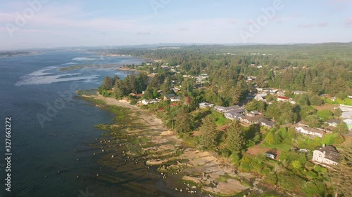 Oregon Coast circa-2019.  Aerial view of Coos Bay.  Shot from helicopter with cineflex gimal and RED 8K camera. photo