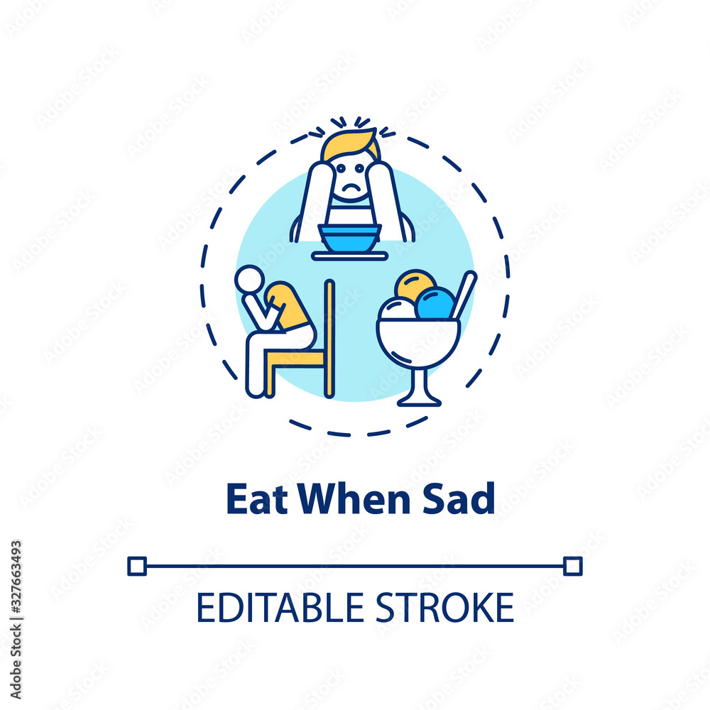 Eat when sad concept icon. Emotional eating, mindless nutrition idea thin line illustration. Unhealthy habit, careless overeating. Vector isolated outline RGB color drawing. Editable stroke