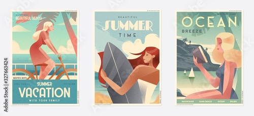 Retro Design Summer Holiday and Summer Camp poster. Girl relaxing on the beach. Vector