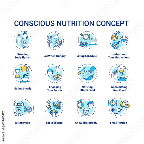 Conscious nutrition concept icons set. Mindful eating, careful and attentive food consumption idea thin line RGB color illustrations. Vector isolated outline drawings. Editable stroke