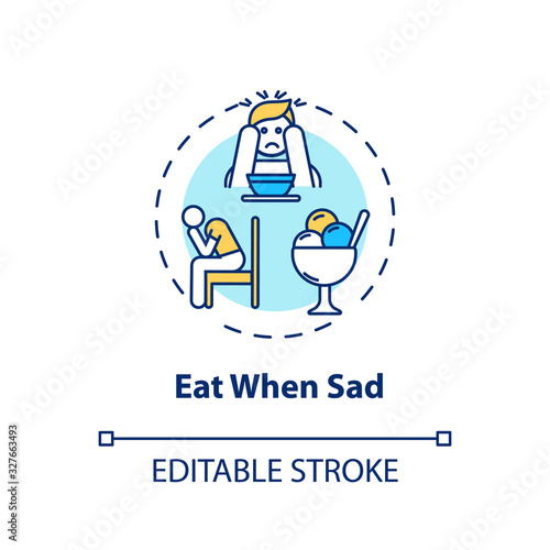 Eat when sad concept icon. Emotional eating, mindless nutrition idea thin line illustration. Unhealthy habit, careless overeating. Vector isolated outline RGB color drawing. Editable stroke