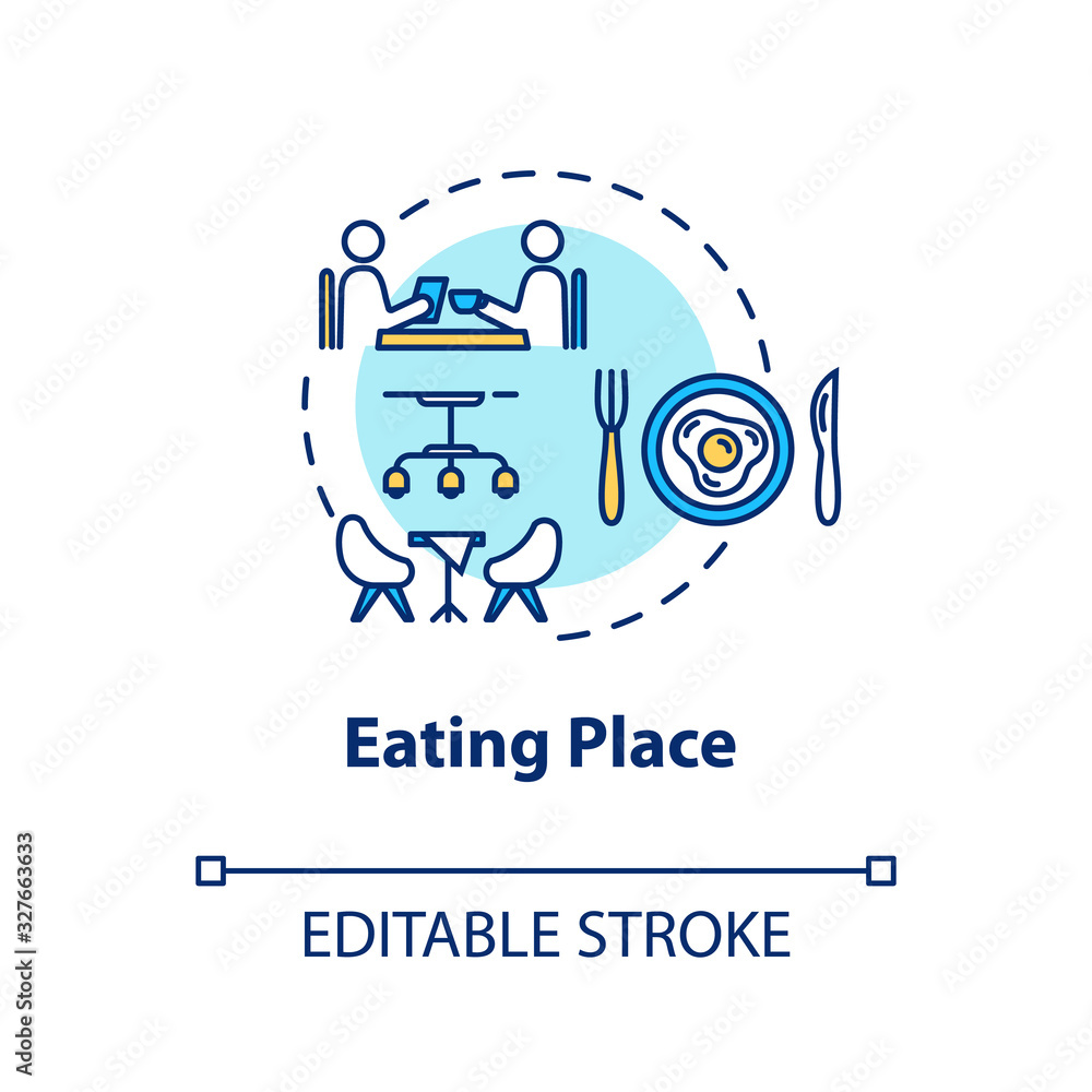Eating place concept icon. Conscious nutrition idea thin line illustration. Dinner at restaurant, lunch in cafe. Catering service Vector isolated outline RGB color drawing. Editable stroke Eating place concept icon. Conscious nutrition idea thin line illustration. Dinner at restaurant, lunch in cafe. Catering service Vector isolated outline RGB color drawing. Editable stroke