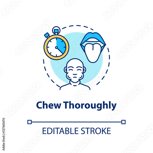 Chew thoroughly concept icon. Conscious nutrition, mindful eating idea thin line illustration. Tasting food essence, enjoying meal. Vector isolated outline RGB color drawing. Editable stroke