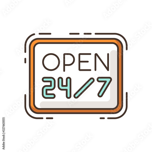 Open 24 7 hours RGB color icon. Twenty four seven store. Hanging retail sign. Signage for 24 hrs shop. Supermarket signboard. Highly available commerce. Isolated vector illustration