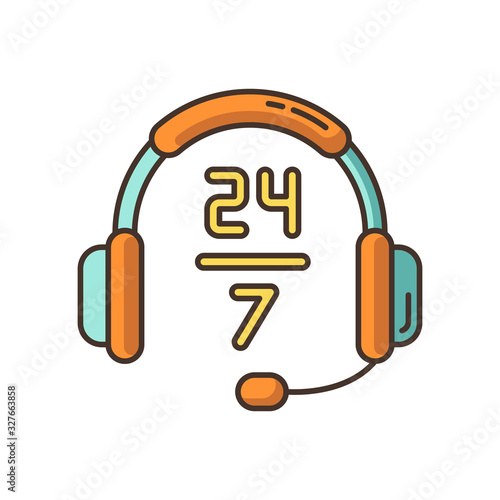 24 7 hour customer support RGB color icon. Headphone sign for around the clock service. Everyday crisis help. 24 hrs call. Helpline twenty four seven hours. Isolated vector illustration
