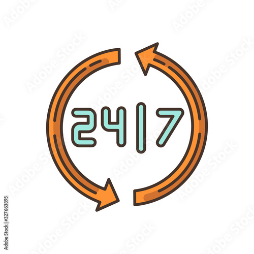Open around the clock RGB color icon. 24 7 hour service. Everyday open store. Highly available industry. Twenty four seven hours commerce and retail. Circular arrows. Isolated vector illustration