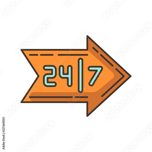 Arrow sign RGB color icon. Around the clock marketing service. Open everyday. Retail and commerce industry. Store direction. 24 7 customer support. Shop location. Isolated vector illustration