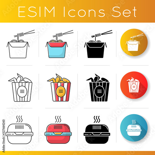 Takeaway food icons set. Chinese noodles pack with chopsticks, bucket of chicken wings, burger box. Takeout fastfood. Take away meal. Linear, black and RGB color styles. Isolated vector illustrations